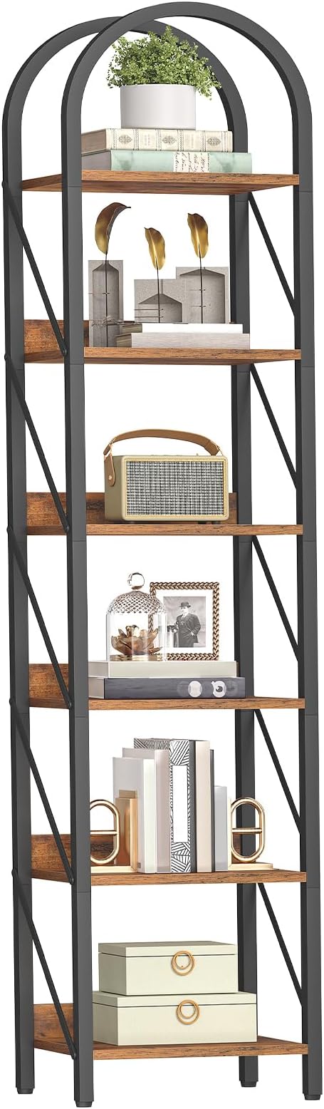 HOOBRO Bookshelf, 6-Tier Bookshelf Arched Display Racks, Industrial Bookcase with Metal Frame, Book Shelf Storage Organizer for Living Room, Office, Bedroom, Rustic Brown and Black BF426SJ01