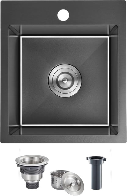 MENATT 15 x 17 Inch Drop in Kitchen Sink, 18 Gauge Stainless Steel Single Bowl Single Faucet Hole Topmount Kitchen Bar Sink or Prep Sink (Black)
