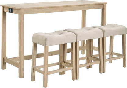 LKTART Bar Table and Chairs Set of 4, Bar Height Dining Table Set with Power Outlet and 3 Padded Stools Industrial Breakfast Table Set for Living Room, Small Space, Light Oak