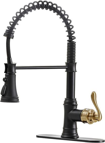 BWE Black and Gold Kitchen Faucet with Pull Down Sprayer Single Handle High Arc Spring Commercial 3 Functions Kitchen Sink Faucet Solid Brass with 10" Deck Plate for Sink 1 or 3 Holes
