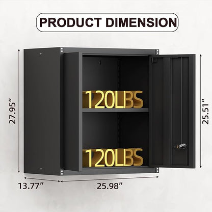 Steel Wall Cabinet, Metal Locking Wall Cabinet, Wall Hanging Metal Cabinet for Garage Tool Storage, Wall Mount Tool Cabinet for Garage, Laundry Room, Pantry, Black