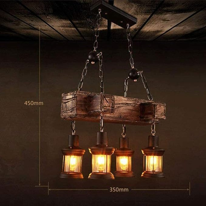4 Lights Wood Vintage Chandelier, Industrial Farmhouse Island Light with Glass Lampshade and Adjustable Chain, Retro Loft Chandelier Dinning Table Pendant Lamp Fixtures for Bar Home Hotel Hallway