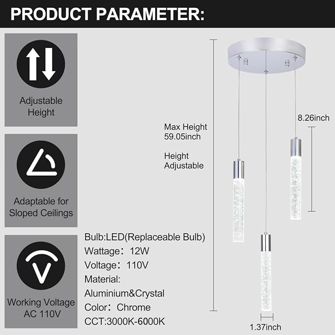 3 Light Pendant Lights Kitchen Island,Modern LED Bubble Crystal Pendants with Dimmable 3000K-6000K Ceiling Hanging Light Fixture for Dining Room Bedroom,Chrome Finish,Adjustable Height 59"