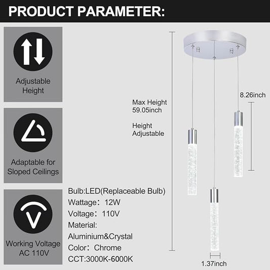 3 Light Pendant Lights Kitchen Island,Modern LED Bubble Crystal Pendants with Dimmable 3000K-6000K Ceiling Hanging Light Fixture for Dining Room Bedroom,Chrome Finish,Adjustable Height 59"