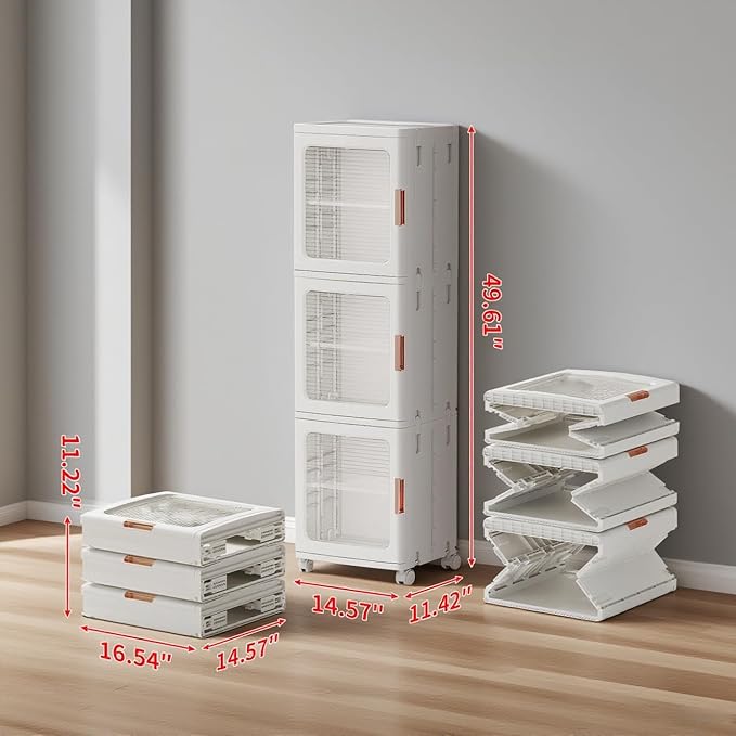 3-Tier Slim Bathroom Storage Cabinet with Doors and Movable Wheels Plastic Organizers and Storage Cabinets Small Spaces for Bathroom Pantry Kitchen Laundry Room Quick Assembly White