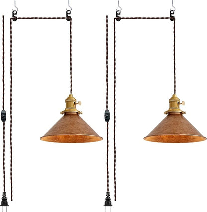 Plug in Pendant Light 8.2 Inch Rusted Copper Shade Vintage Industrial Design On/Off Switch 14Ft Adjustable Cord Hanging Lamp Plug in for Living Room,Bedroom Hanging Light 2 Pack