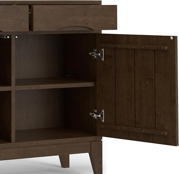SIMPLIHOME Harper Storage Cabinet - 40 inch Wide Solid Wood Medium Storage Cabinet in Walnut Brown, Mid-Century Modern Cupboard for Entryway or Dining Room with Drawers, Tapered Legs, and Shelves