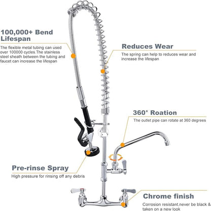 Commercial Kitchen Faucet Wall Mount with Pre-Rinse Sprayer 36" Height Wall Mount Kitchen Sink Faucet 8 Inch Center with 10" Add-on Swing Spout Faucet & Coiled Spring Pull Down Spray