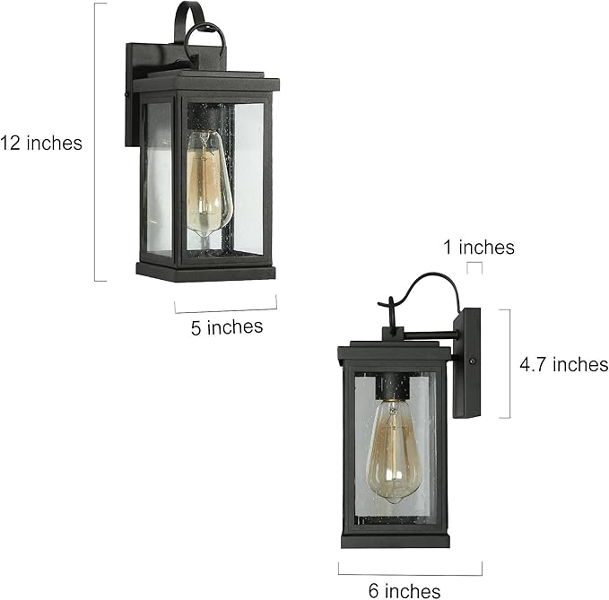 Black Outdoor Light Fixture 2 Pack, Modern Farmhouse Exterior Outdoor Wall Sconce Lights with Seeded Glass, Waterproof Rectangular Porch Lights Outdoor Wall Lighting for House, Front Door, Garage
