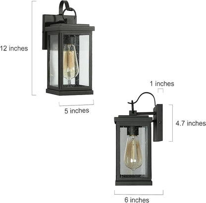 Black Outdoor Light Fixture 2 Pack, Modern Farmhouse Exterior Outdoor Wall Sconce Lights with Seeded Glass, Waterproof Rectangular Porch Lights Outdoor Wall Lighting for House, Front Door, Garage