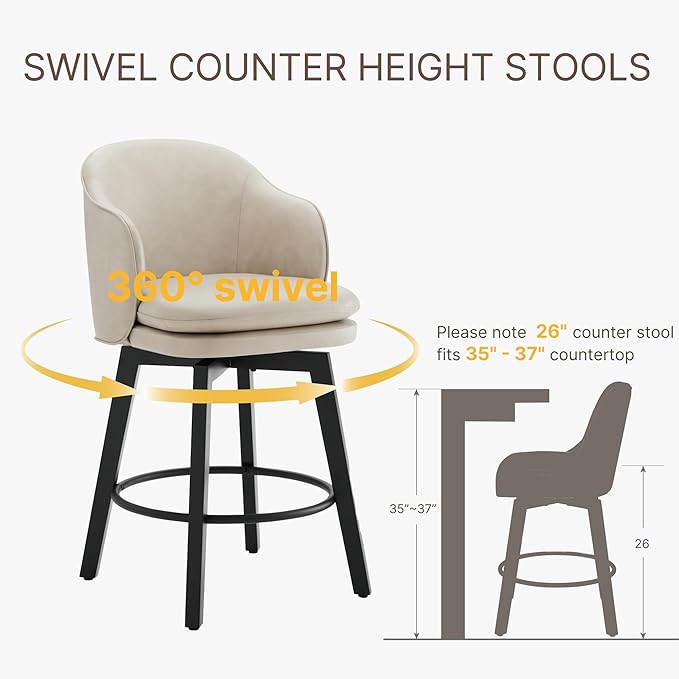 KISLOT Counter Height Barstools 26 inch Upholstered Swivel Bar Stools with Back for Kitchen Island,Set of 2,Beige PU Leather
