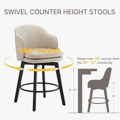 KISLOT Counter Height Barstools 26 inch Upholstered Swivel Bar Stools with Back for Kitchen Island,Set of 2,Beige PU Leather