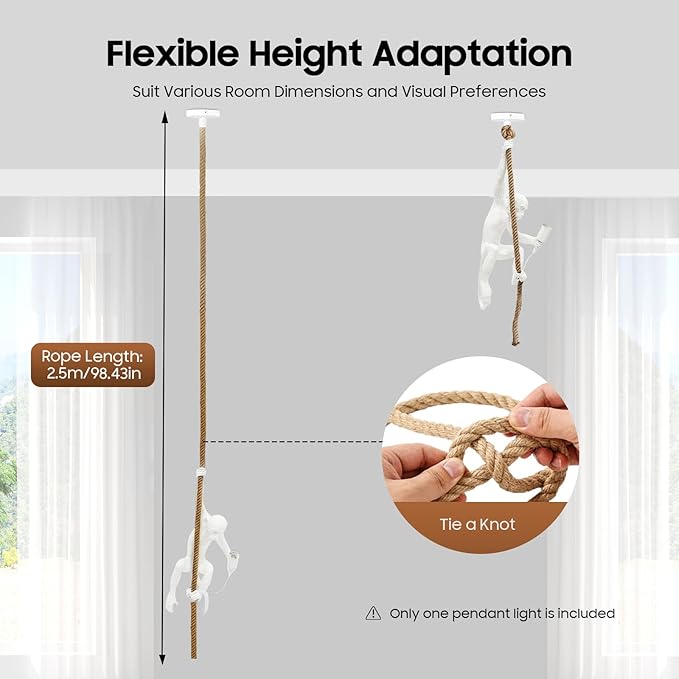 Vintage Monkey Pendant Light Retro Resin Hemp Rope Monkey Lamp 13.7 x 78.7 Inch Hanging Light Fixture E26 Chandelier Ceiling Pendant Lamp for Dining Living Room Bar Cafe (White - Pendant Light)