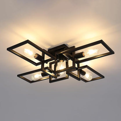ZGLAOJT Black Industrial Semi Flush Mount Ceiling Light 5-Light Kitchen Light Fixtures Modern Large Matte Sputnik Chandelier for Dining Room Bedroom Farmhouse Living Room