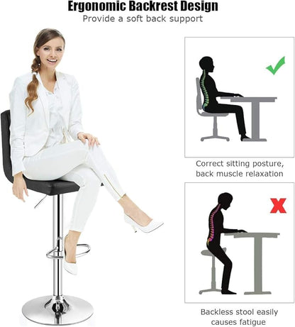 COSTWAY Adjustable Bar Stools Set of 4, Modern Swivel PU Leather Bar Chair with Backrest, Soft Cushioned Seat, Footrest, Sturdy Metal Frame, Comfortable Barstools for Kitchen Island, Pub, Black