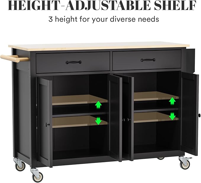 Rovibek Rolling Kitchen Island on Wheels Large Portable Mobile Moveable Islands Wood with Storage Drawers Cabinet Spice Rack Towel Rack for Kitchen Dining Room Jet Black