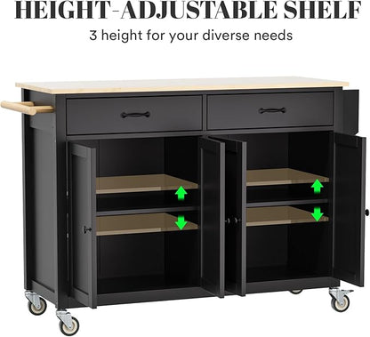 Rovibek Rolling Kitchen Island on Wheels Large Portable Mobile Moveable Islands Wood with Storage Drawers Cabinet Spice Rack Towel Rack for Kitchen Dining Room Jet Black