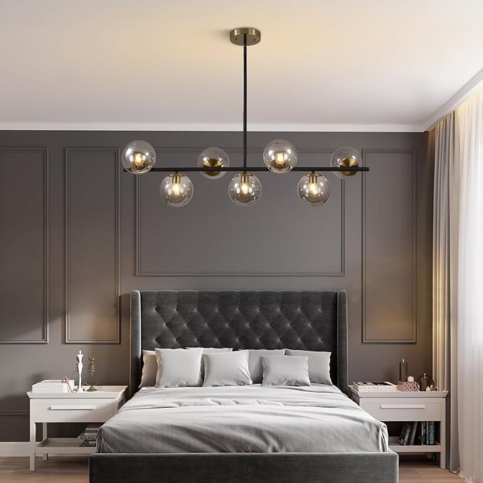 KCO Lighting Black and Gold Linear Kitchen Pendant Lighting Mid Century Modern Chandelier 7-Light Smoke Glass Globe Chandelier Vintage Dining Room Light Fixtures
