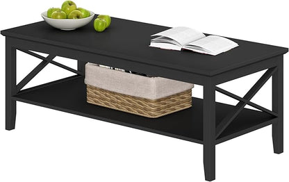ChooChoo Coffee Table with Thicker Legs, Black Wood Coffee Table with Storage for Living Room, 47 inch