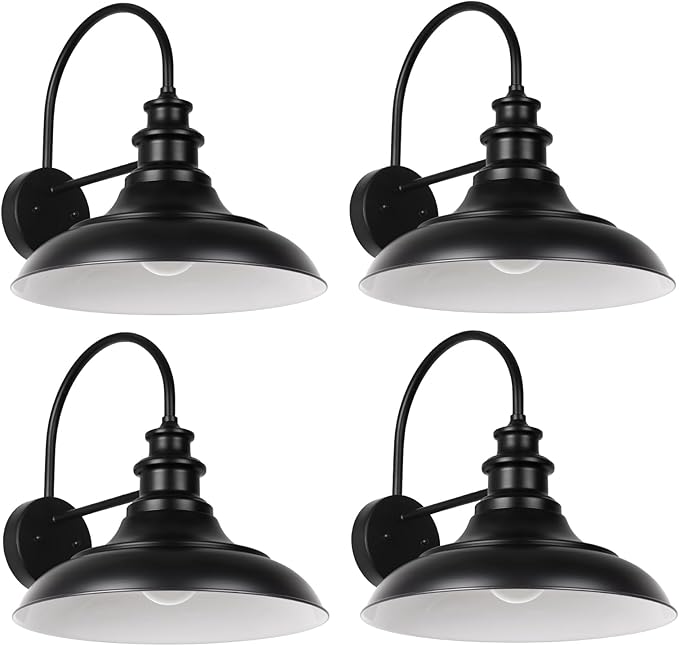 Outdoor Barn Light Fixtures, 12.3 Inch Large Dome Farmhouse Exterior Wall Mount Lights, Wall Sconce Indoor Wall Lighting, Industrial Black White Finish Lanterns for Porch, RZ004-4 BK+WH