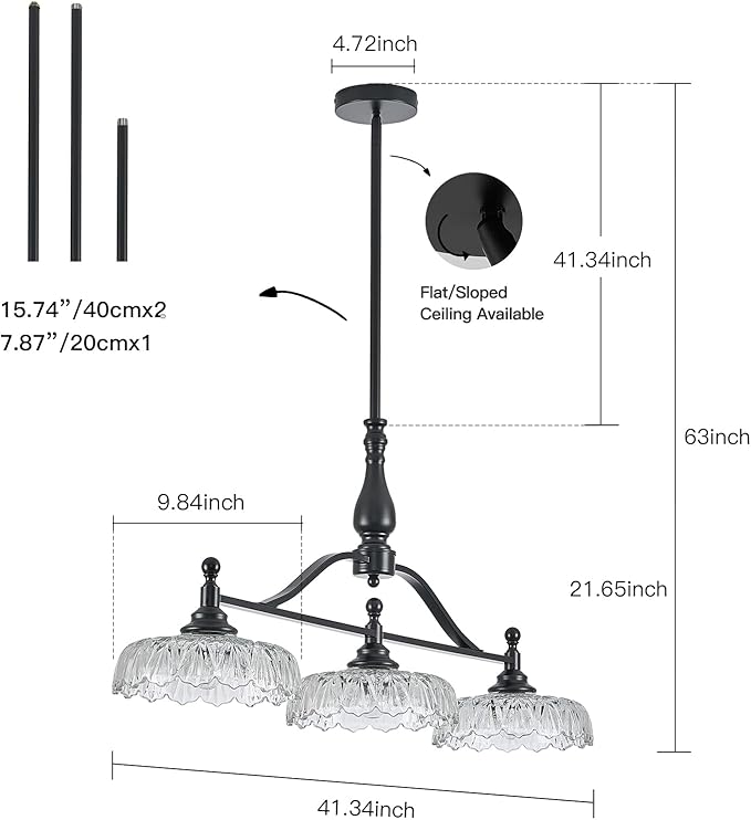 HDDFL Chandeliers Pendant Light Fixture Modern Pendant Lighting Fixtures 3 Lights Chandelier Matte Black Kitchen Glass Hanging Lamp for Island Dining Room Living Room
