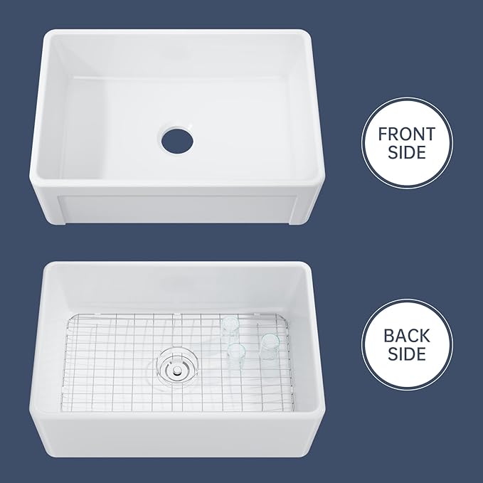 30 Inch White Farmhouse Sink Apron Front Ceramic Porcelain Fireclay Single Bowl Sink Large Deep Farm Kitchen Sinks 30" x 20" x10"