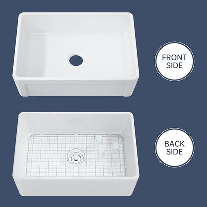 30 Inch White Farmhouse Sink Apron Front Ceramic Porcelain Fireclay Single Bowl Sink Large Deep Farm Kitchen Sinks 30" x 20" x10"