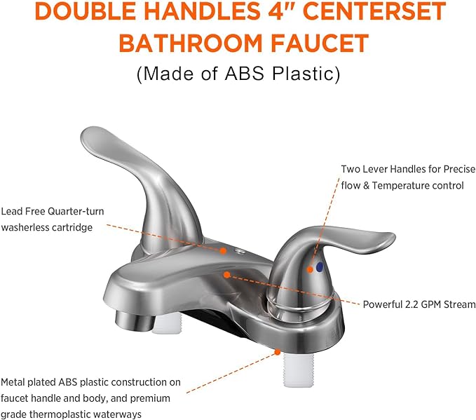 Bathroom Sink Faucets 2/3 Hole,Brushed Nickel Dual Handles 4 inch Plastic Plating Over Bathroom Faucet with Pop-up Drain and 2 Supply Hoses for Apartment Rvs Sink Vanity
