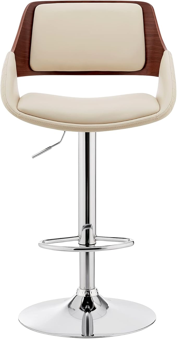 Armen Living Colby Modern Adjustable Height Swivel Cream Faux Leather and Walnut Wood Bar Stool with Chrome Base for Kitchen Island Counter