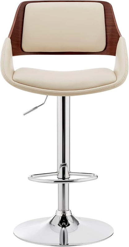 Armen Living Colby Modern Adjustable Height Swivel Cream Faux Leather and Walnut Wood Bar Stool with Chrome Base for Kitchen Island Counter