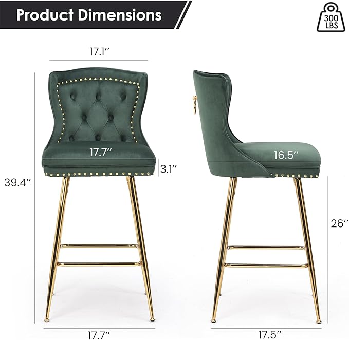 Bar Stools Set of 2, Velvet Counter Height Bar Stools with Metal Legs, Button Tufted and Nailheads Trim, Wing Back Bar Chairs for Kitchen Island Dining Room Pub, Green