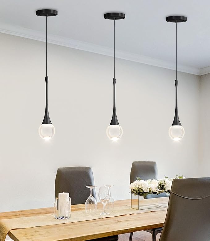 Modern Kitchen Island Pendant Lights Dimmable LED Crystal Chandelier Hanging Pendant Chandelier Black 3 Pack
