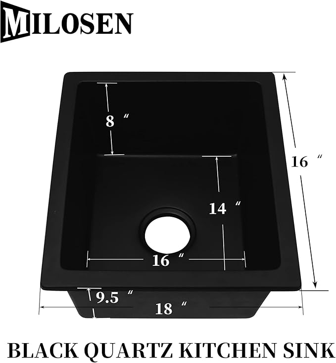 MILOSEN Black Undermount Bar Sink, 16×18 Inch Small Black Wet Bar or Prep Sink, 9 Inch Deep Granite Composite Outdoor Single Bowl Basin with Accessories, Small Quartz Sinks