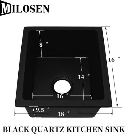 MILOSEN Black Undermount Bar Sink, 16×18 Inch Small Black Wet Bar or Prep Sink, 9 Inch Deep Granite Composite Outdoor Single Bowl Basin with Accessories, Small Quartz Sinks