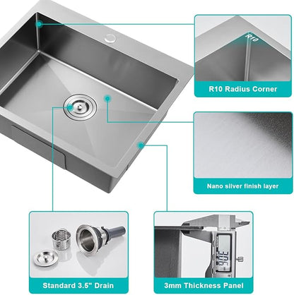 20-Inch Drop In Kitchen Sink Brushed Nickel- TSIBOMU 16 Gauge Stainless Steel Single Bowl Topmount Kitchen Sink with 1 Faucet Hole, D20"xW16"xH9"