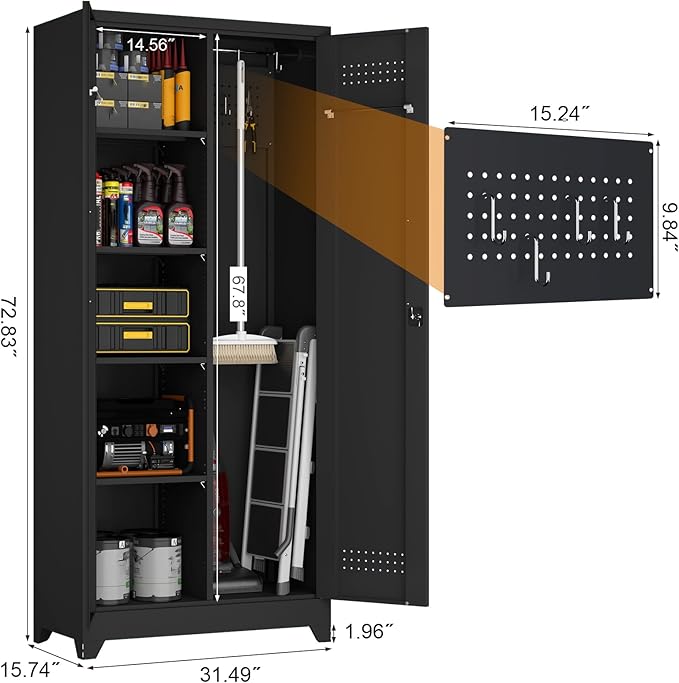 GREATMEET Metal Garage Storage Cabinet, 73" H Broom Closet Storage Cabinet, Locking Utility Cabinet with Doors and Shelves for Garage, Home, Black