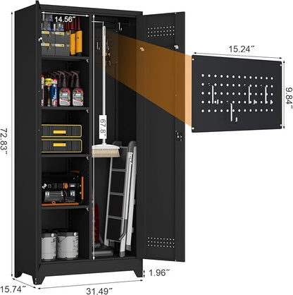 GREATMEET Metal Garage Storage Cabinet, 73" H Broom Closet Storage Cabinet, Locking Utility Cabinet with Doors and Shelves for Garage, Home, Black
