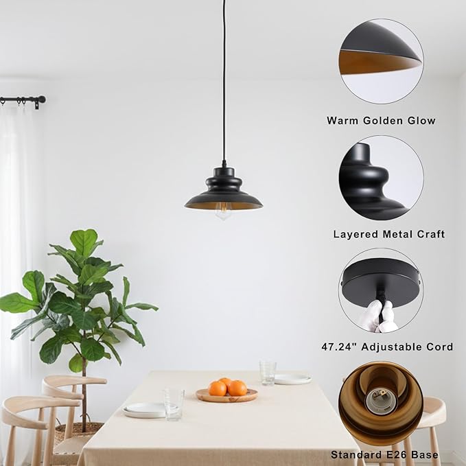 Pendant Light Fixture, Hanging Light for Kitchen Island Dining Room Bedroom Foyer, E26 Base Metal 1-Light Ceiling Lamp