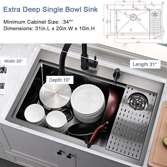 Black Kitchen Sink with Glass Rinser-Hovheir 31x20 Drop In Kitchen Sink Top Mount Workstation Sinks 16 Gauge Black Stainless Steel Single Bowl Deep Sinks with Cutting Board
