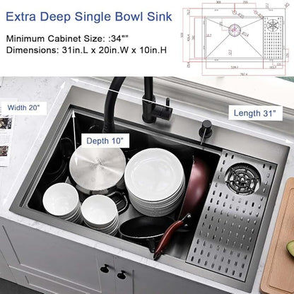 Black Kitchen Sink with Glass Rinser-Hovheir 31x20 Drop In Kitchen Sink Top Mount Workstation Sinks 16 Gauge Black Stainless Steel Single Bowl Deep Sinks with Cutting Board