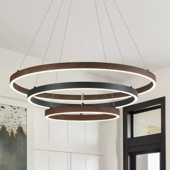 LED 3 Ring Chandelier Dining Room Modern Black Chandelier with Remote Control Dimmable High Ceiling Pendant Light for Entry Foyer Living Room Bedroom Kitchen Island, 75W
