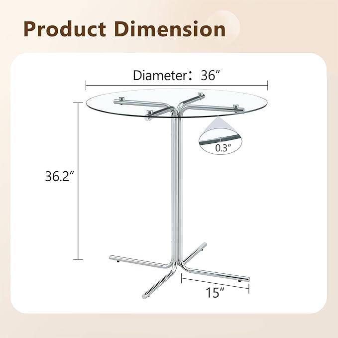 36" Round Counter Height Table, Tempered Glass Top with Silver Metal Base, Modern Pub Table for Kitchen, Bar & Small Spaces