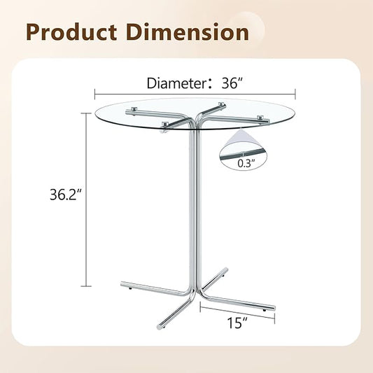 36" Round Counter Height Table, Tempered Glass Top with Silver Metal Base, Modern Pub Table for Kitchen, Bar & Small Spaces