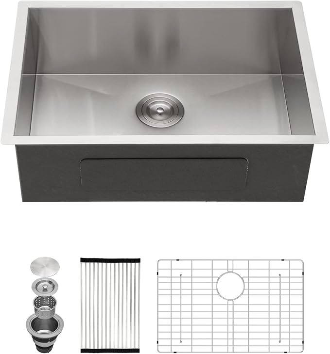 Kichae 26 Inch Undermount Kitchen Sink Single Bowl Stainless Steel Kitchen Sink 26" Under Mount Round Corner Deep Basin 26x18x9 Inch