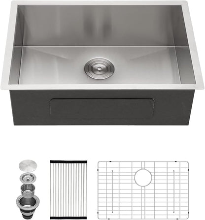 Kichae 26 Inch Undermount Kitchen Sink Single Bowl Stainless Steel Kitchen Sink 26" Under Mount Round Corner Deep Basin 26x18x9 Inch