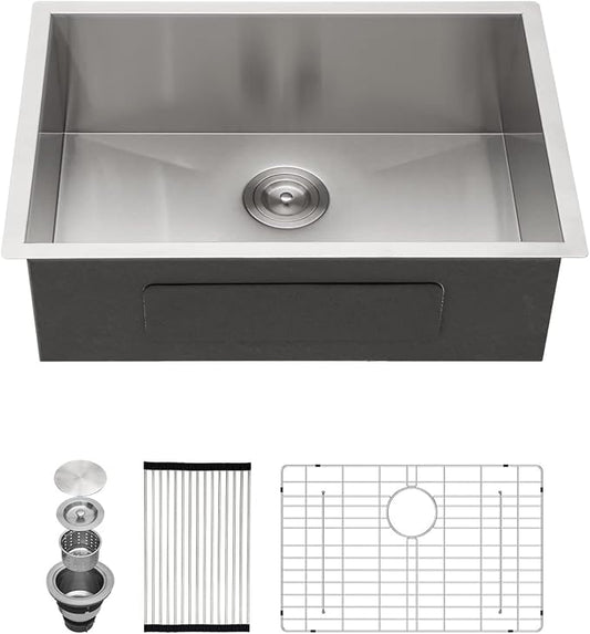 Kichae 26 Inch Undermount Kitchen Sink Single Bowl Stainless Steel Kitchen Sink 26" Under Mount Round Corner Deep Basin 26x18x9 Inch