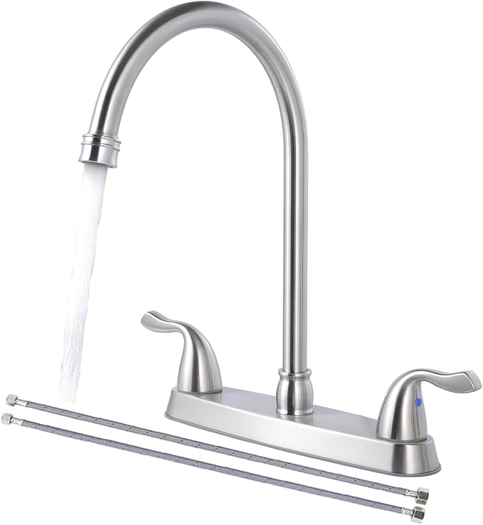 SHACO 2 Handle Kitchen Faucet, 3 Hole Kitchen Sink Faucet with Water Supply Line, Stainless Steel Brushed Nickel High Arc 360 Degree Rotating Taps for Kitchen Bar RV Camper, SC-YZLT001