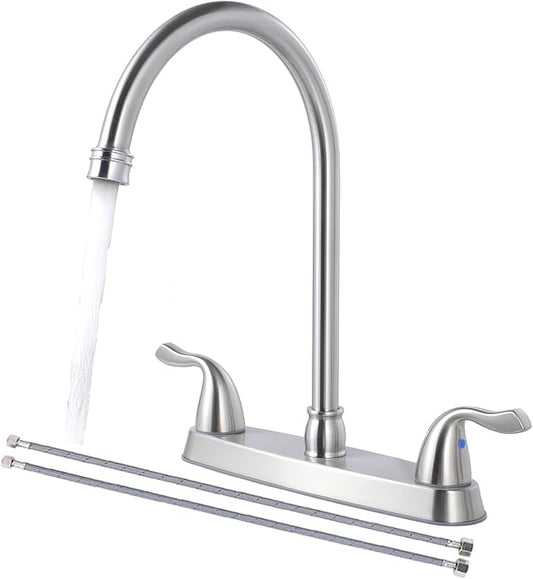 SHACO 2 Handle Kitchen Faucet, 3 Hole Kitchen Sink Faucet with Water Supply Line, Stainless Steel Brushed Nickel High Arc 360 Degree Rotating Taps for Kitchen Bar RV Camper, SC-YZLT001