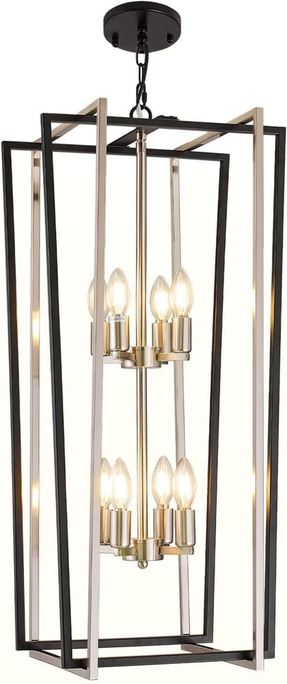WJShome 8-Light Modern Chandelier, Farmhouse Foyer Lighting Fixtures, Chandeliers for High Ceilings, Black and Silver Lantern Pendant Light Fixtures, for Staircase, Entryway Hallway