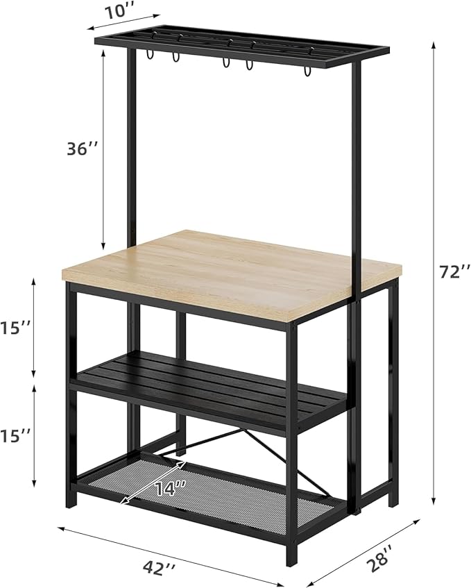 CABIHOME 42" Multi-Functional Kitchen Island with Storage – Heavy-Duty Wood & Metal Design, Microwave Shelf, 3-Tier Shelves, 5 Hooks, Coffee Bar Convertible (42"x28"x72")